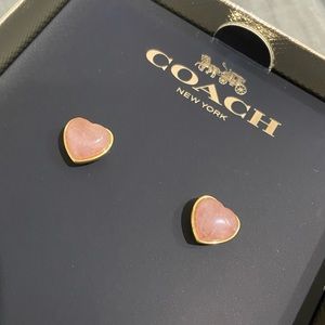 COACH Carved Rose Quartz Heart Stud Earrings